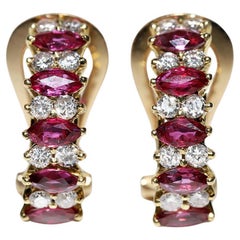 Retro 18k Gold Natural Diamond And Marquise Cut Ruby Decorated Pretty Earring 