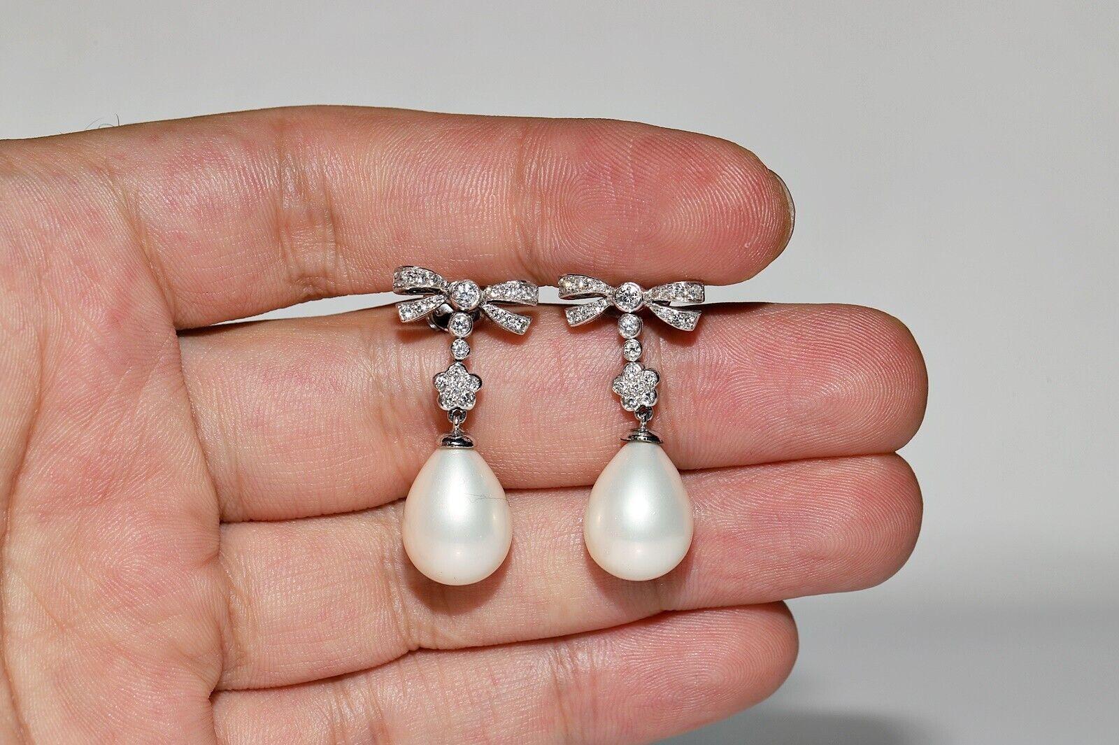 Vintage 18k Gold Natural Diamond And Pearl Decorated Drop Earring  For Sale 5