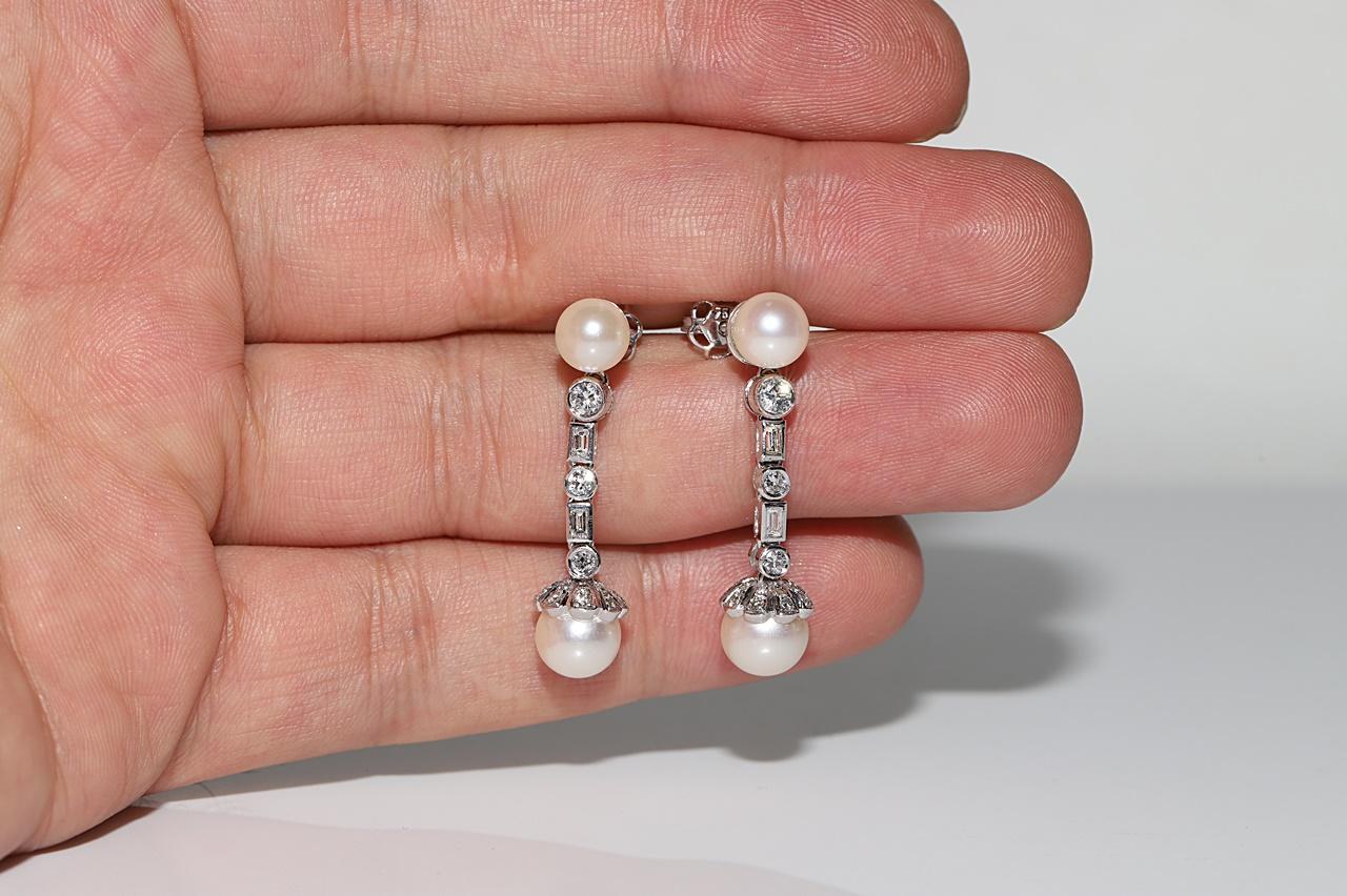 Vintage 18k Gold Natural Diamond And Pearl Decorated Drop Earring For Sale 6