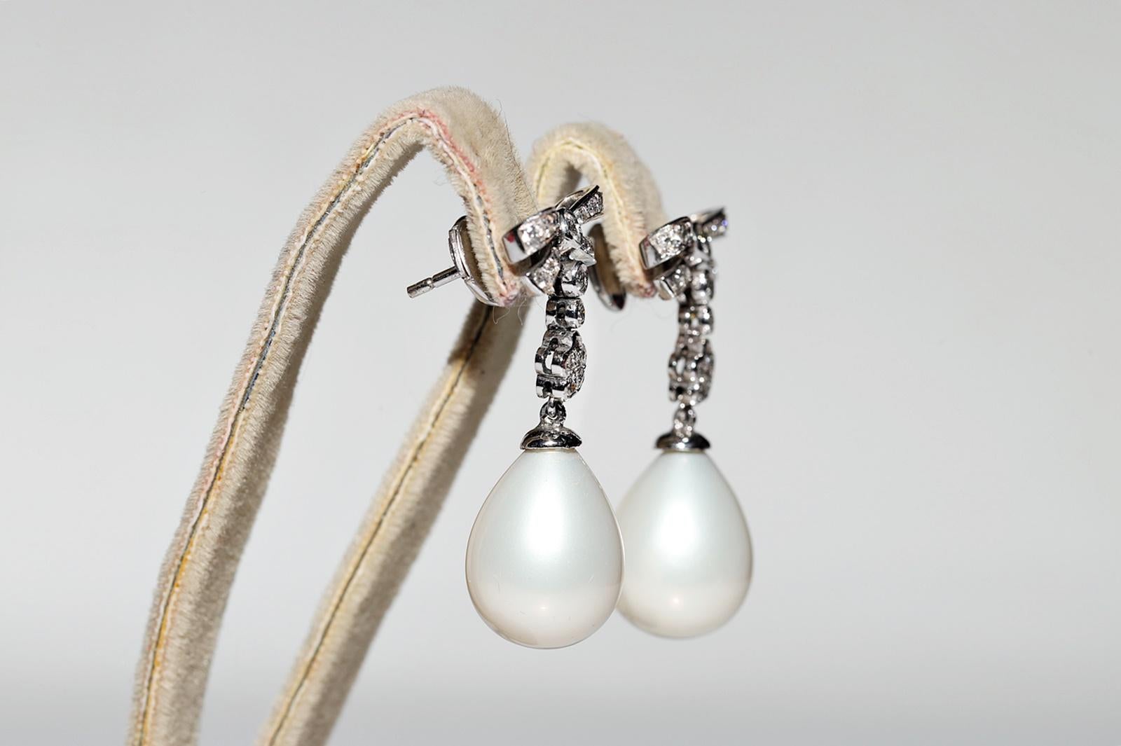 Retro Vintage 18k Gold Natural Diamond And Pearl Decorated Drop Earring  For Sale