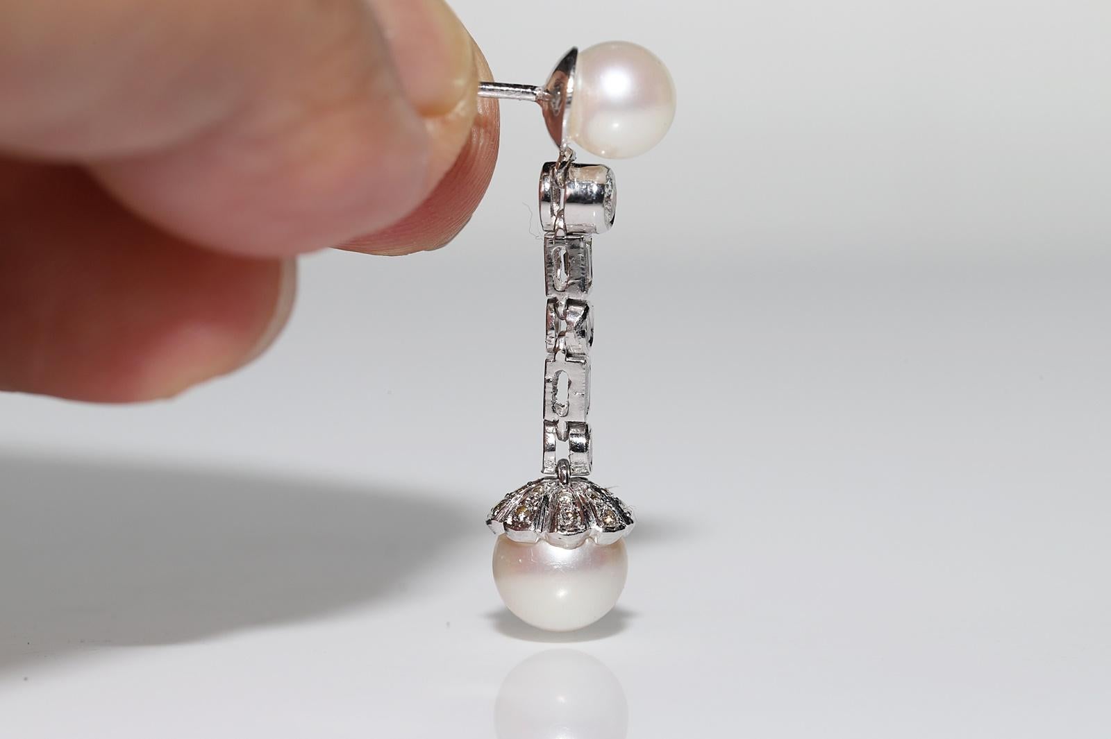 Vintage 18k Gold Natural Diamond And Pearl Decorated Drop Earring In Good Condition For Sale In Fatih/İstanbul, 34