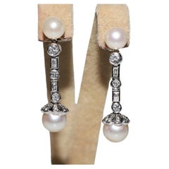Vintage 18k Gold Natural Diamond And Pearl Decorated Drop Earring