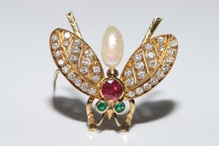 Vintage  18k Gold Natural Diamond And Ruby And Emerald Bee brooch