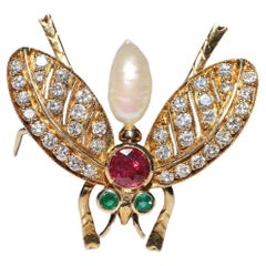 Vintage  Broche abeille en or 18 carats, diamant naturel, rubis et émeraude