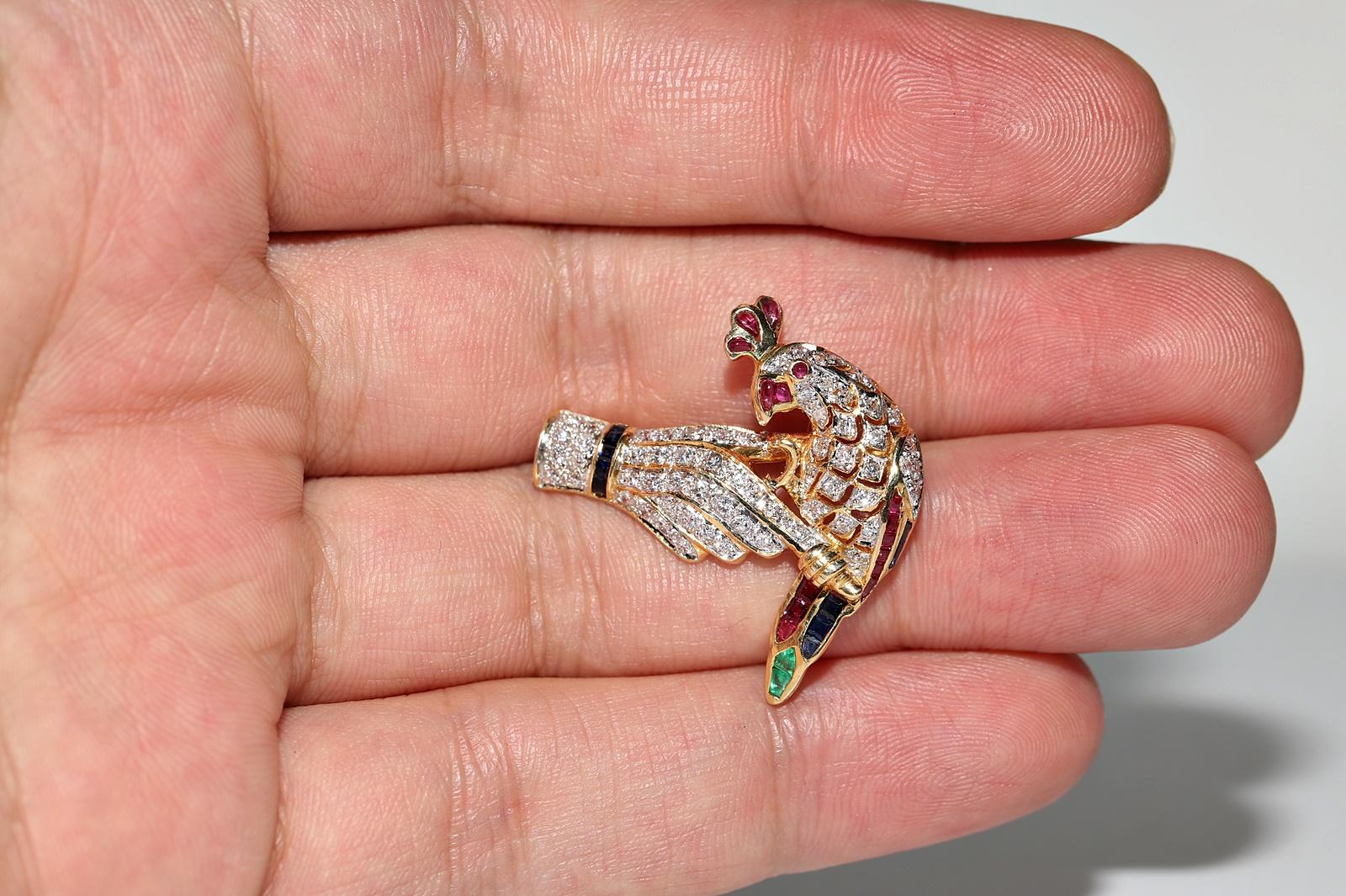 Vintage 18k Gold Natural Diamond And Ruby And Emerald Sapphire Bird Brooch For Sale 5