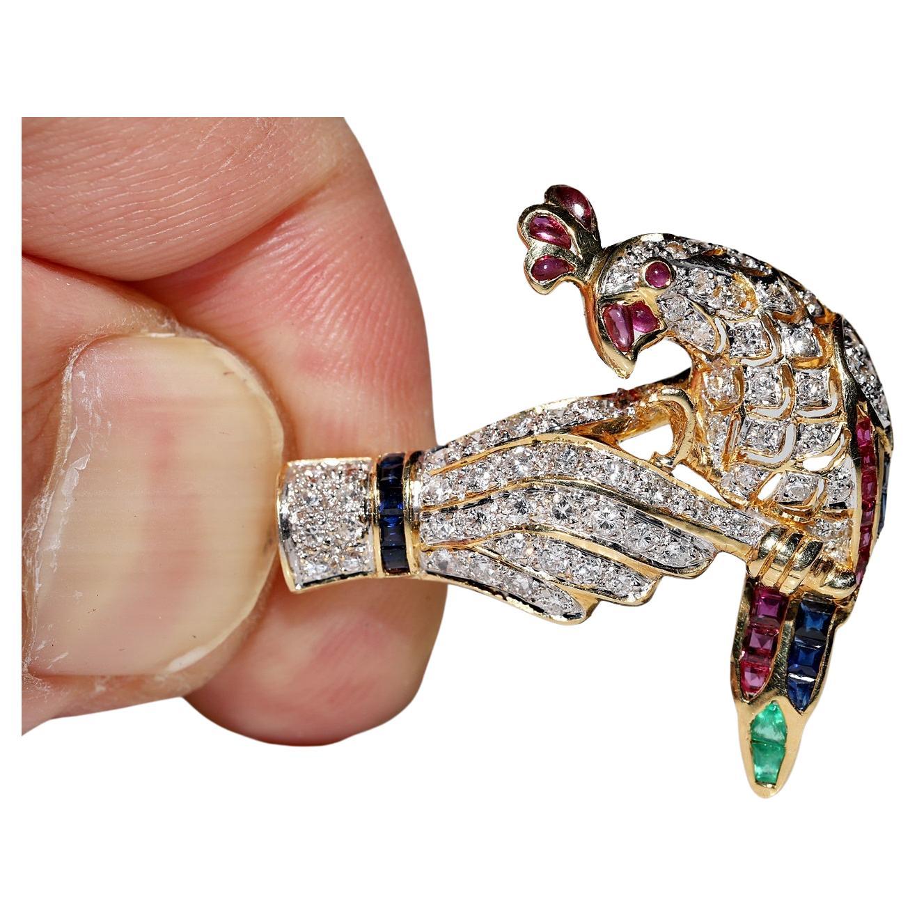 Vintage 18k Gold Natural Diamond And Ruby And Emerald Sapphire Bird Brooch For Sale