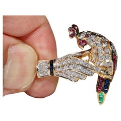 Vintage 18k Gold Natural Diamond And Ruby And Emerald Sapphire Bird Brooch