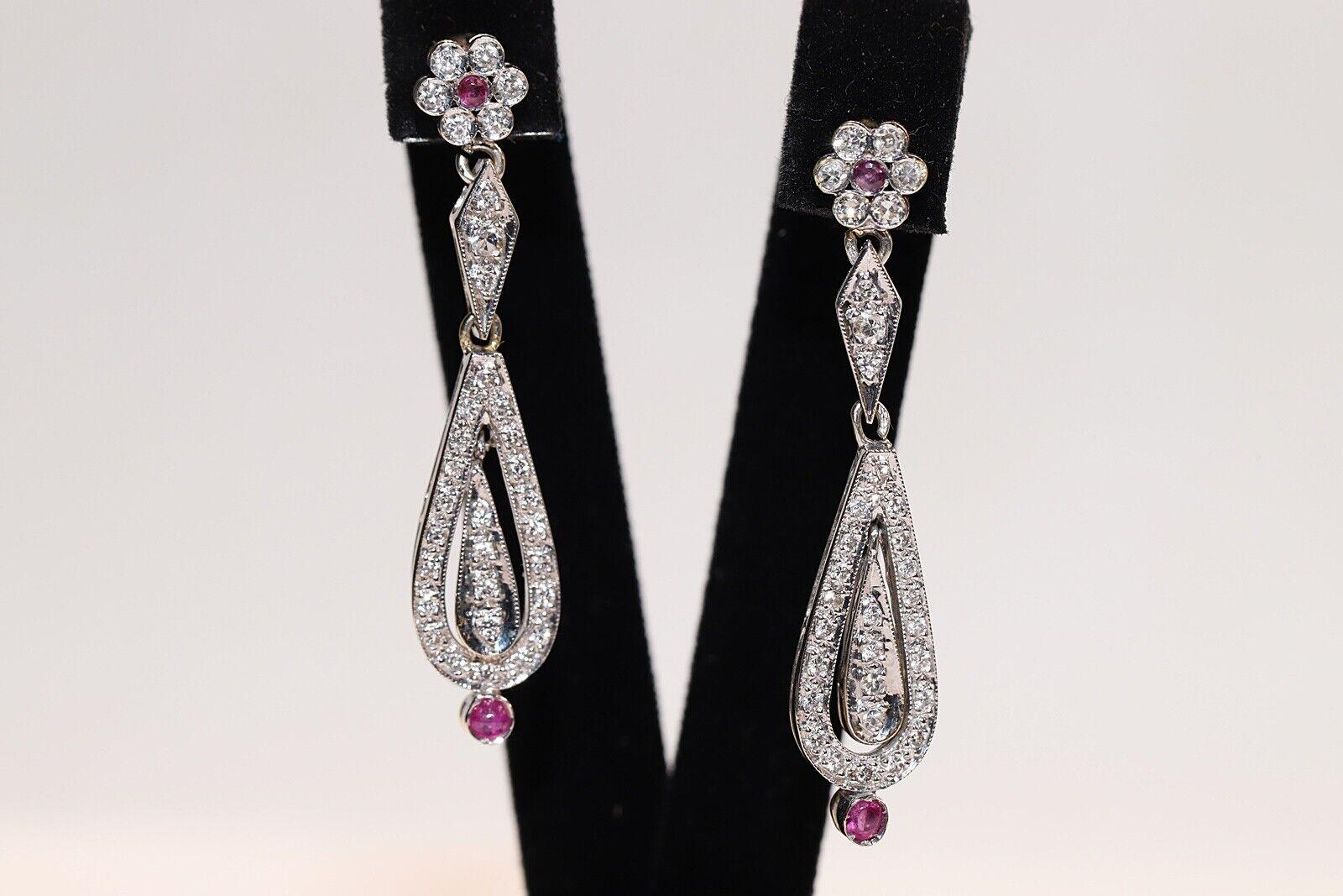 Vintage 18K Gold Natural Diamond And Ruby Decorated Drop Earring  For Sale 7