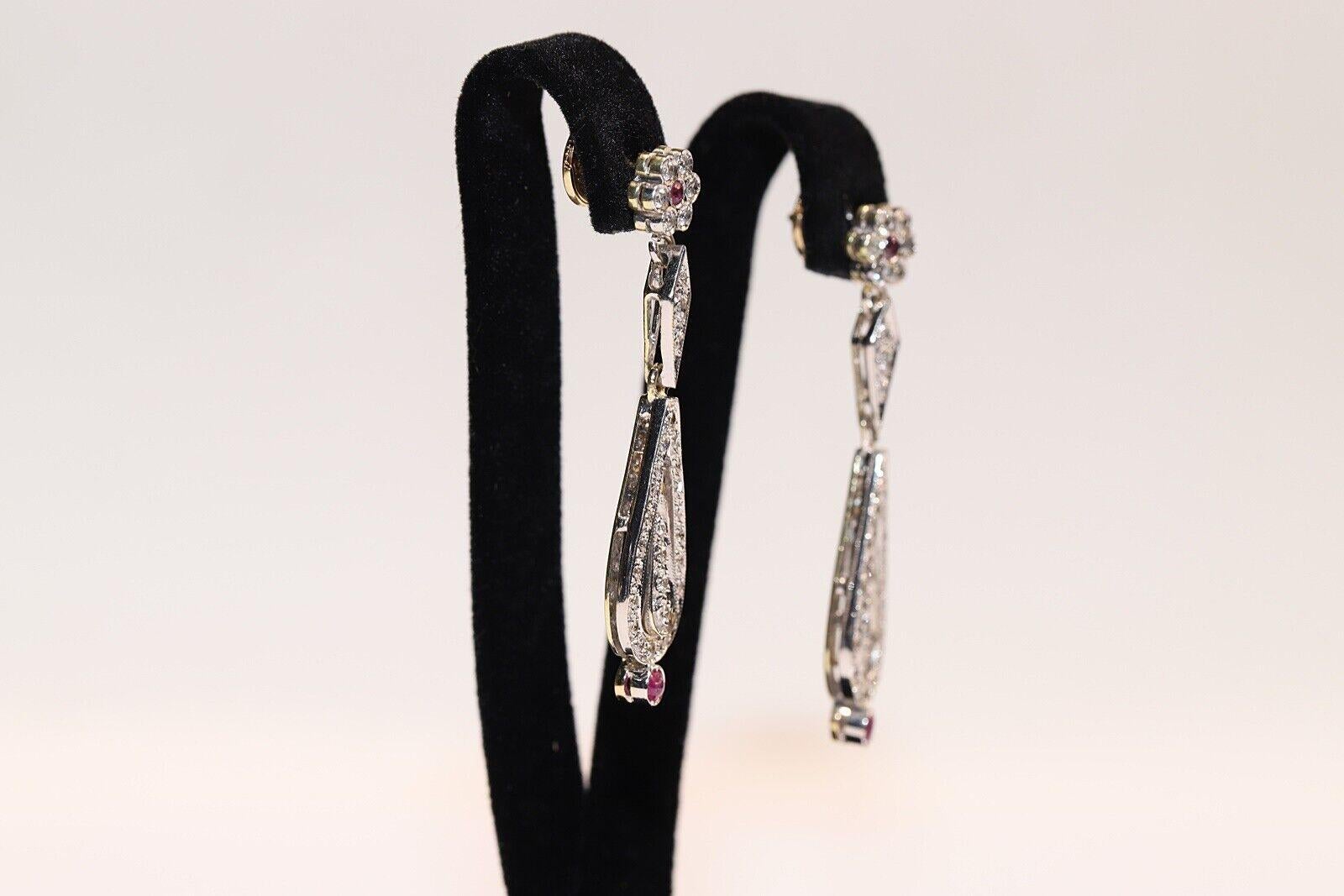 Vintage 18K Gold Naturdiamant und Rubin dekoriert Tropfen Ohrring (Einfacher Schliff) im Angebot