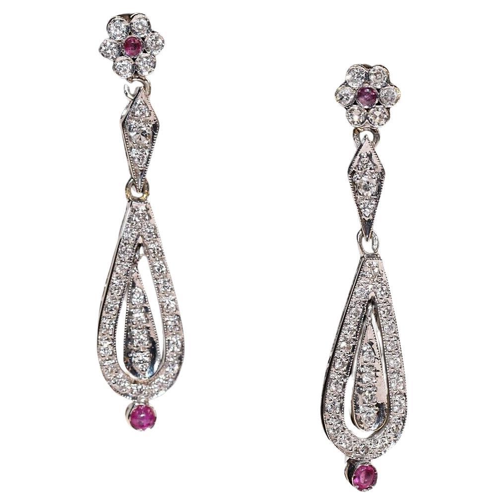 Vintage 18K Gold Natural Diamond And Ruby Decorated Drop Earring 