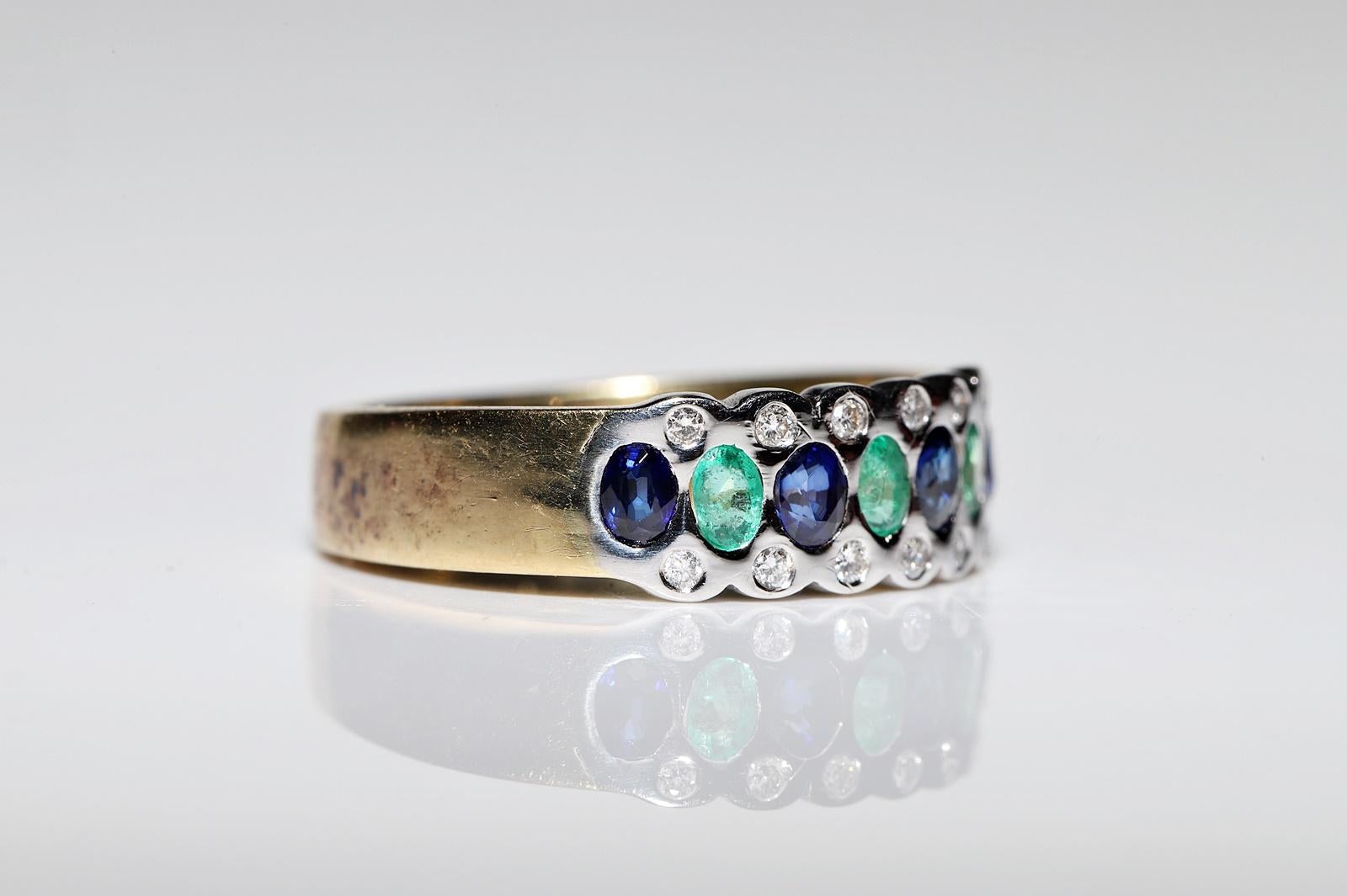 Women's Vintage 18k Gold Natural Diamond And Sapphire And Emerald Decorated Ring For Sale