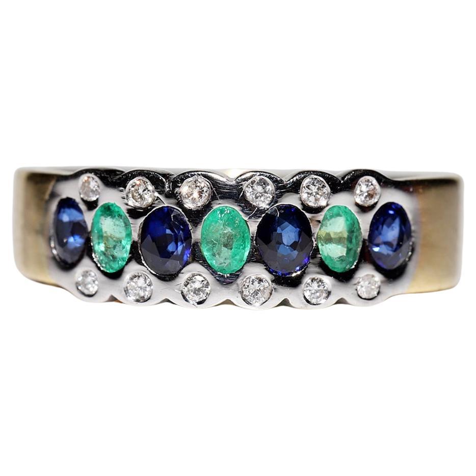 Vintage 18k Gold Natural Diamond And Sapphire And Emerald Decorated Ring