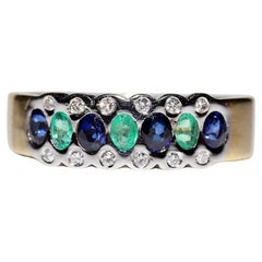 Retro 18k Gold Natural Diamond And Sapphire And Emerald Decorated Ring