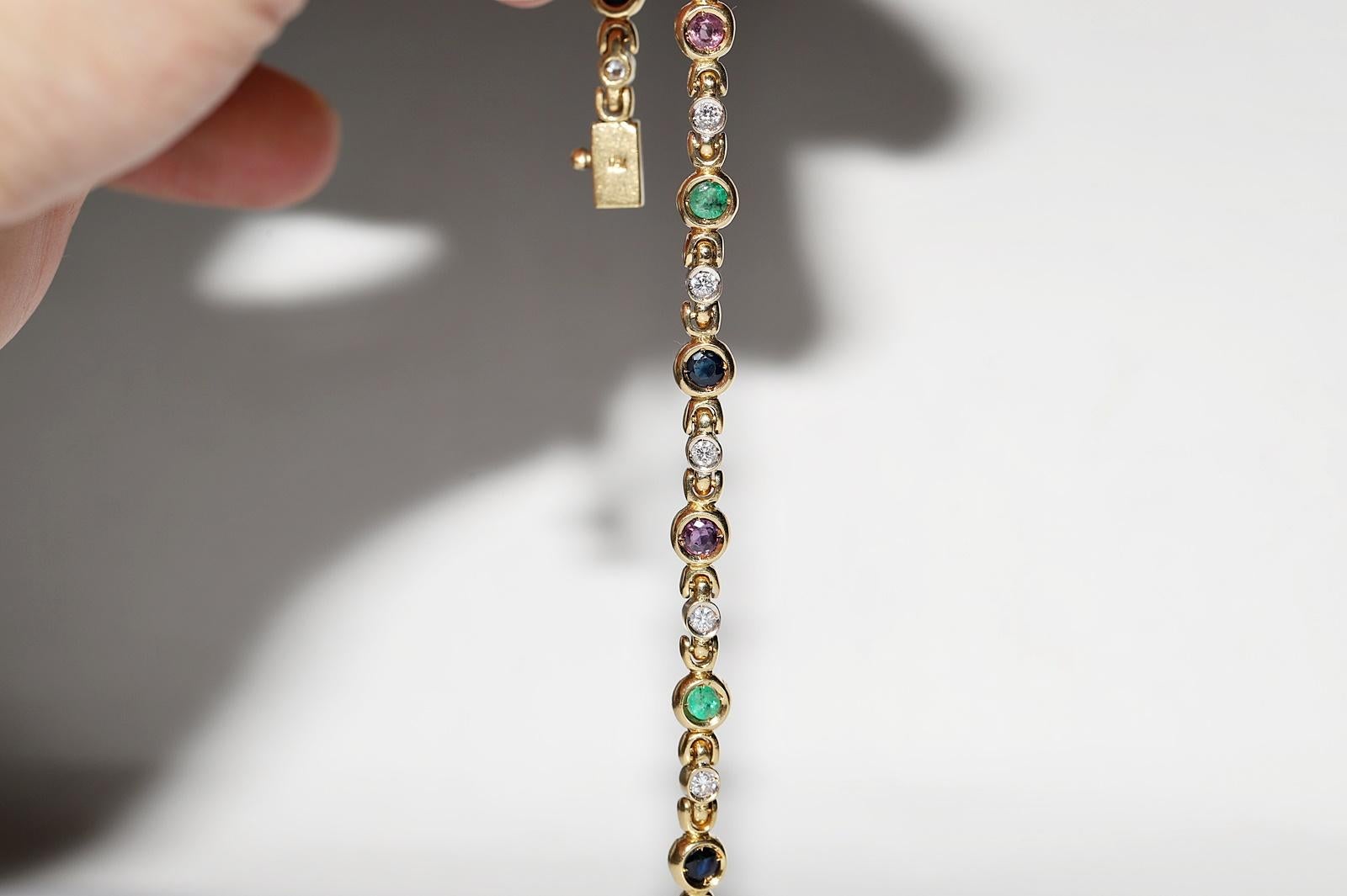 Vintage  18k Gold Natural Diamond And Sapphire And Ruby Emerald Bracelet For Sale 8