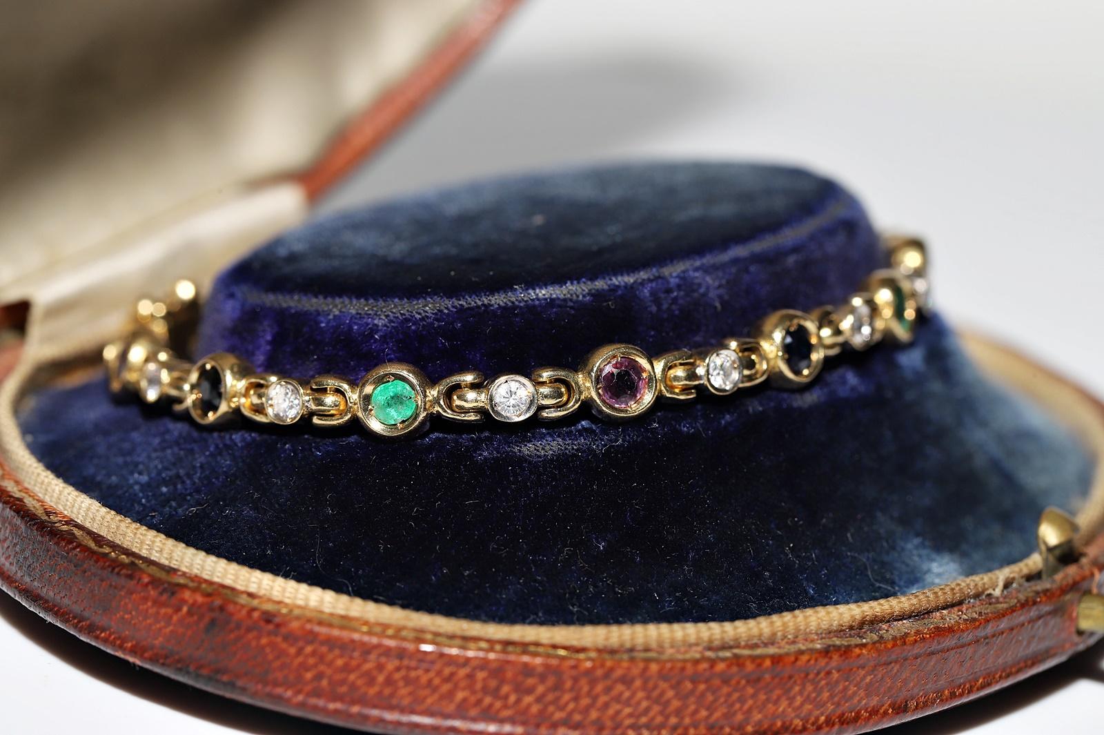 Women's Vintage  18k Gold Natural Diamond And Sapphire And Ruby Emerald Bracelet For Sale
