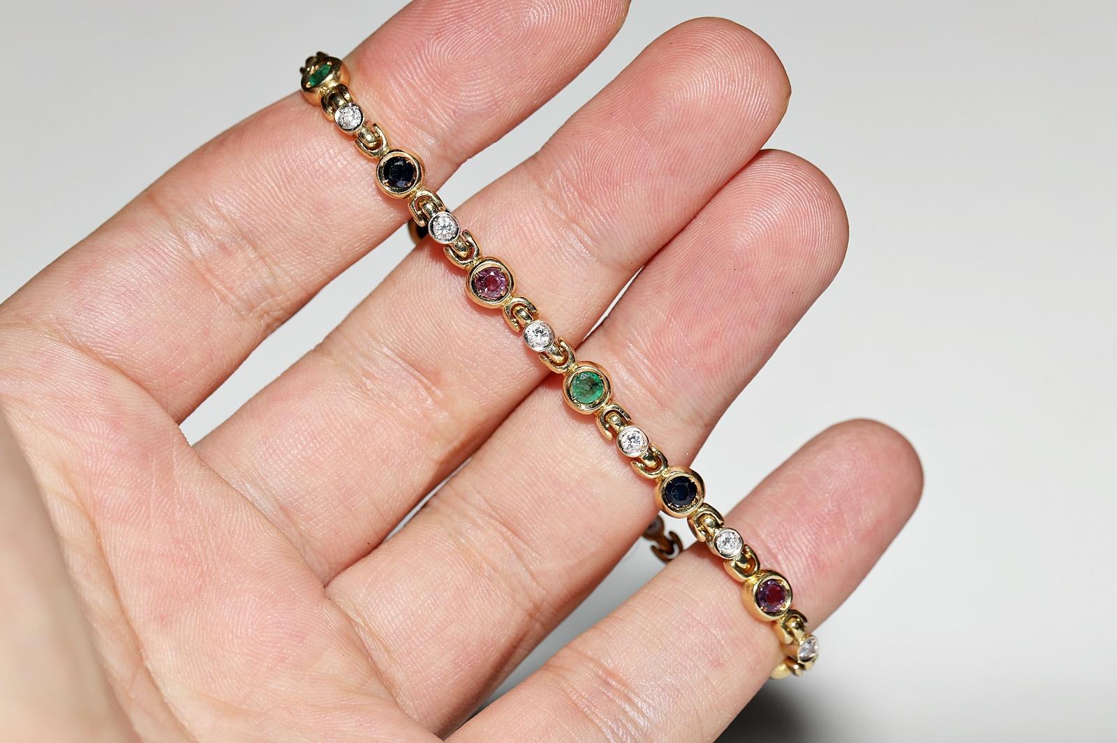 Vintage  18k Gold Natural Diamond And Sapphire And Ruby Emerald Bracelet For Sale 2