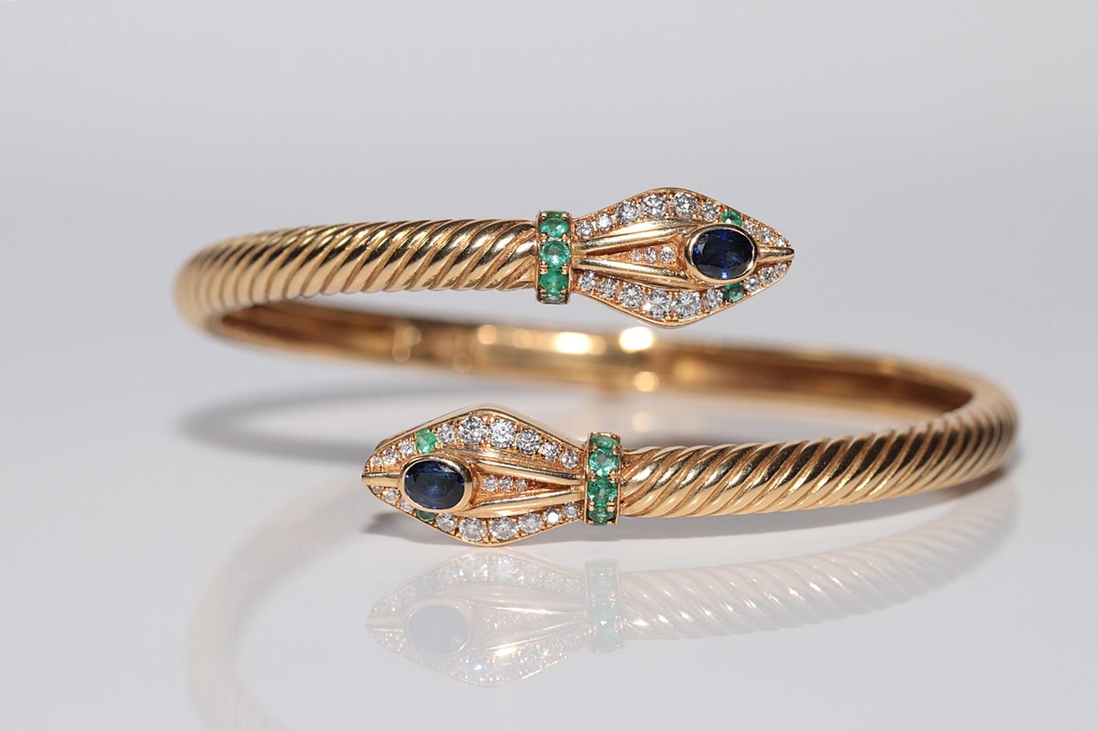 Vintage 18k Gold Natural Diamond And Sapphire Emerald Bangle Snake Bracelet For Sale 9