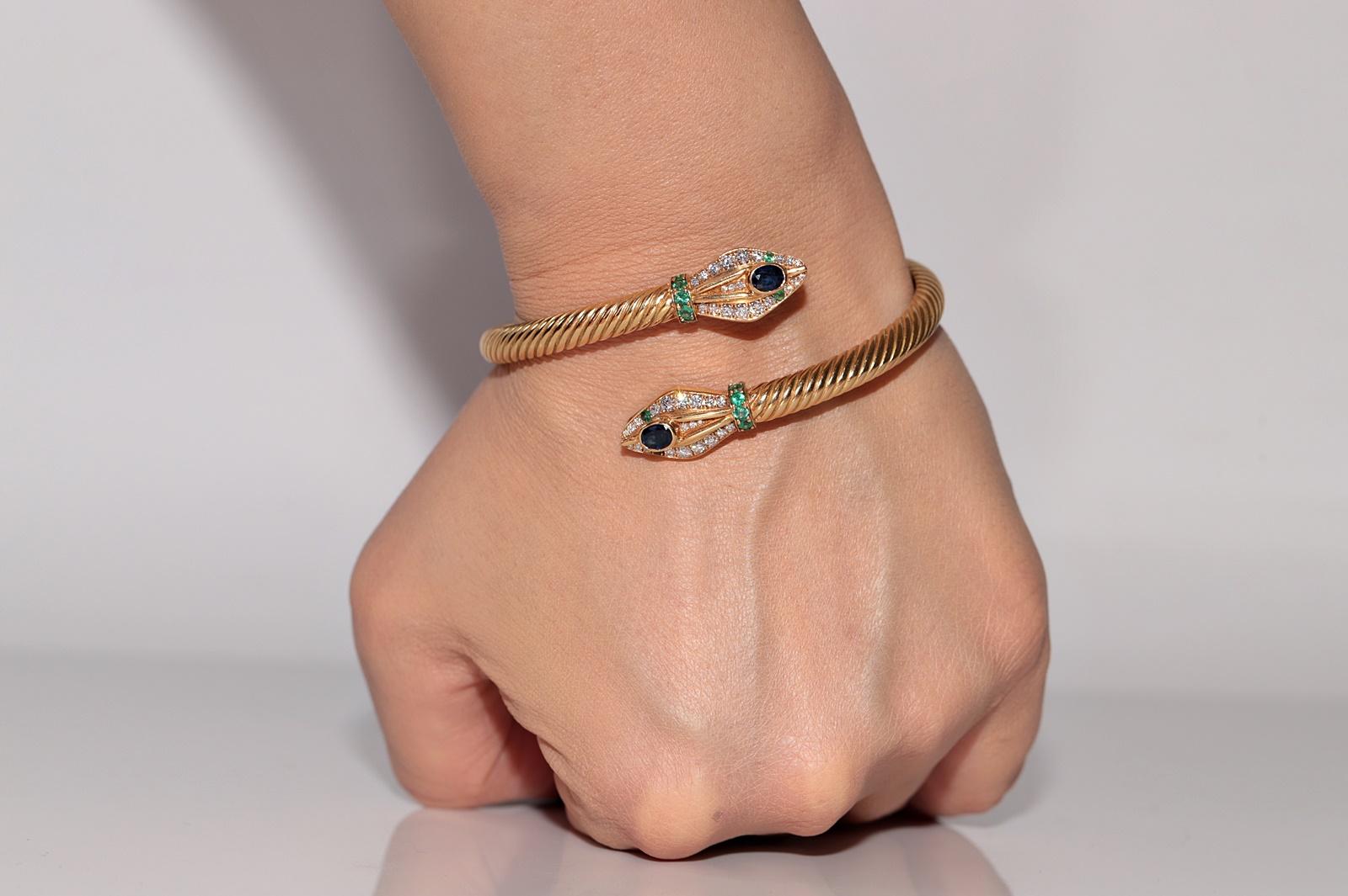 Vintage 18k Gold Natural Diamond And Sapphire Emerald Bangle Snake Bracelet For Sale 12