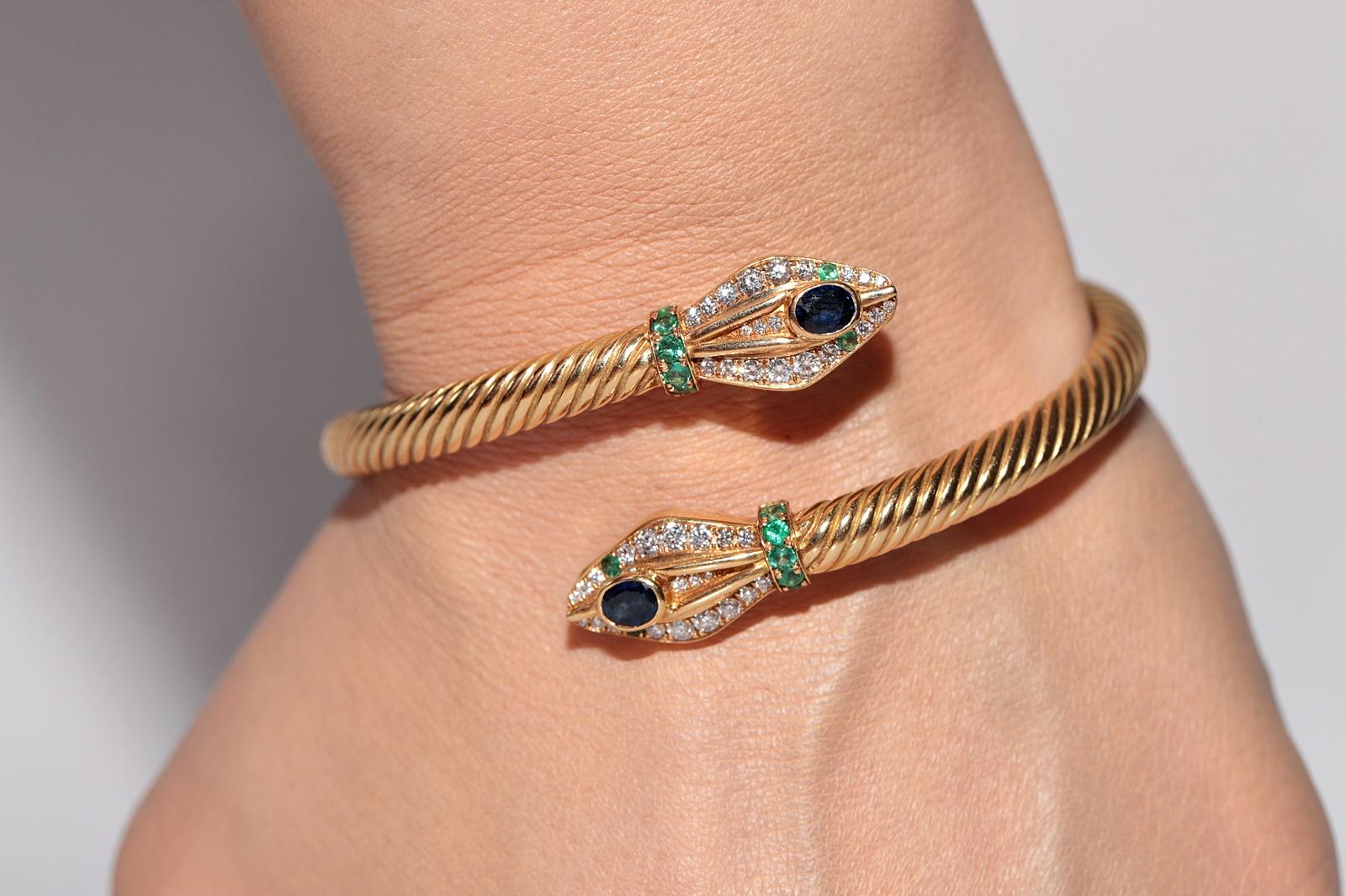 Vintage 18k Gold Natural Diamond And Sapphire Emerald Bangle Snake Bracelet For Sale 13