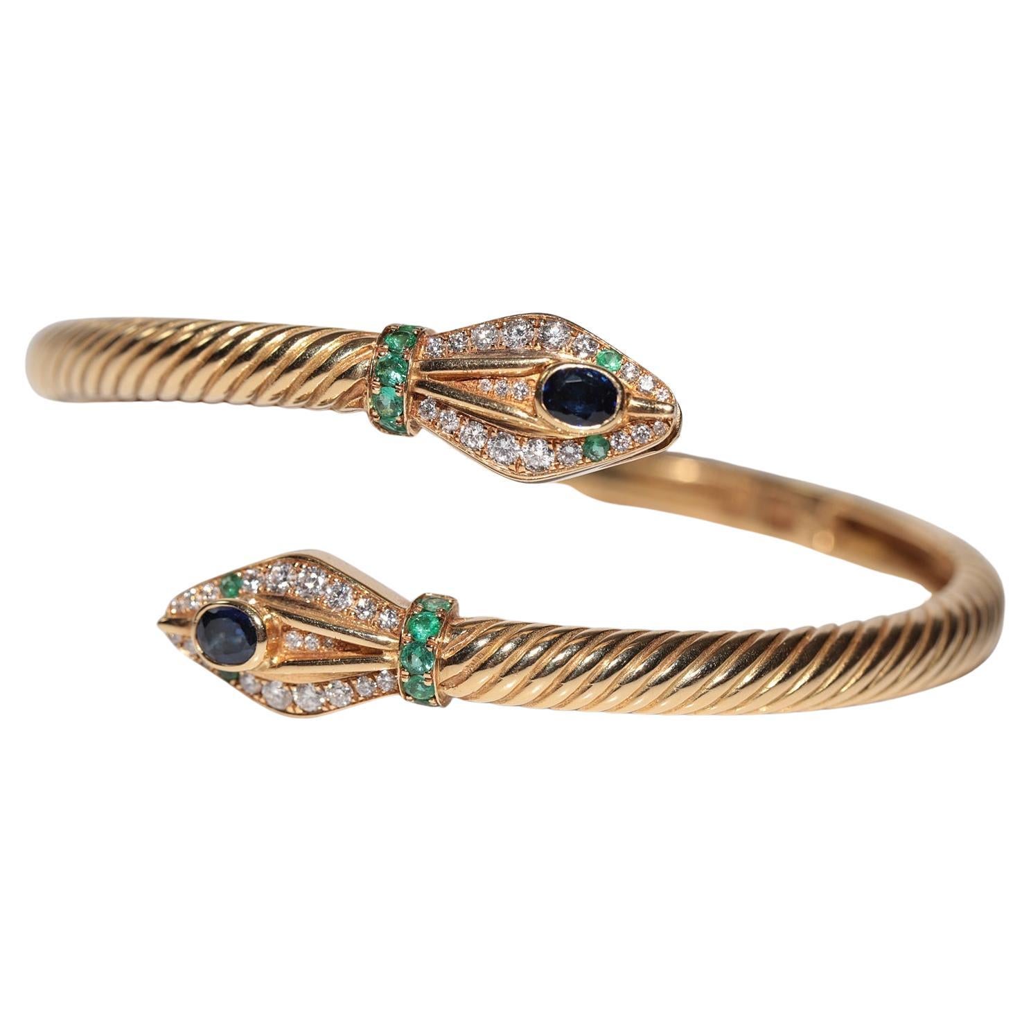 Vintage 18k Gold Natural Diamond And Sapphire Emerald Bangle Snake Bracelet For Sale