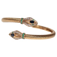 Vintage 18k Gold Natural Diamond And Sapphire Emerald Bangle Snake Bracelet