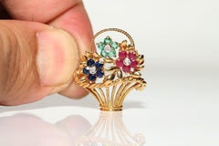 Vintage 18k Gold Natural Diamond And Sapphire Emerald Ruby Flowers Brooch