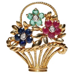Vintage 18k Gold Natural Diamond And Sapphire Emerald Ruby Flowers Brooch