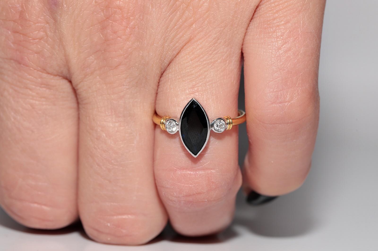 Taglio brillante Anello Navette con diamanti naturali e zaffiri in oro 18k vintage in vendita