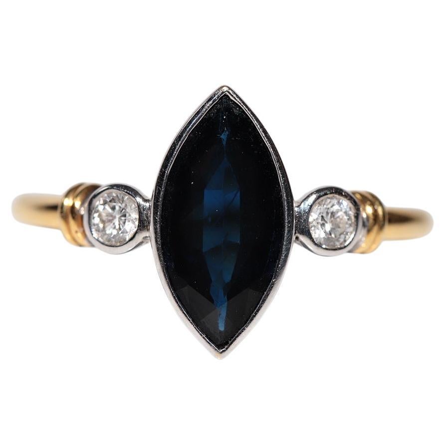 Bague navette vintage en or 18 carats, diamant naturel et saphir