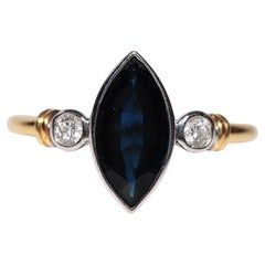 Bague navette vintage en or 18 carats, diamant naturel et saphir