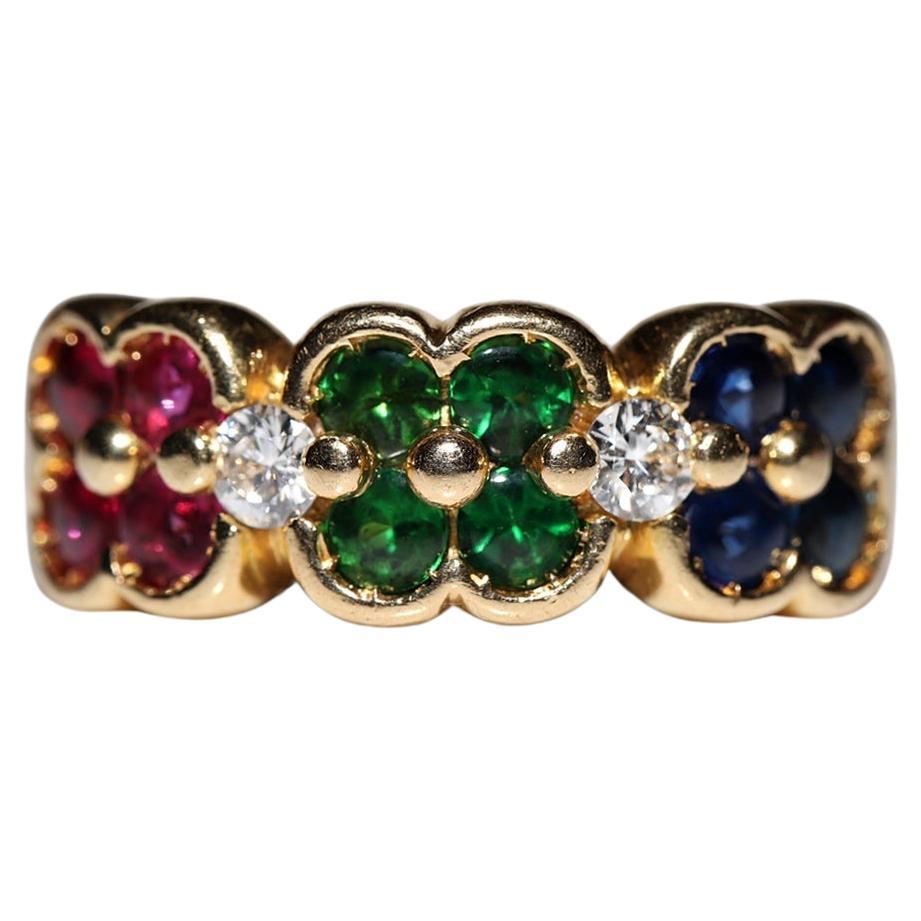 Vintage 18k Gold Natural Diamond And Tsavorite And Ruby Sapphire Decorated Ring