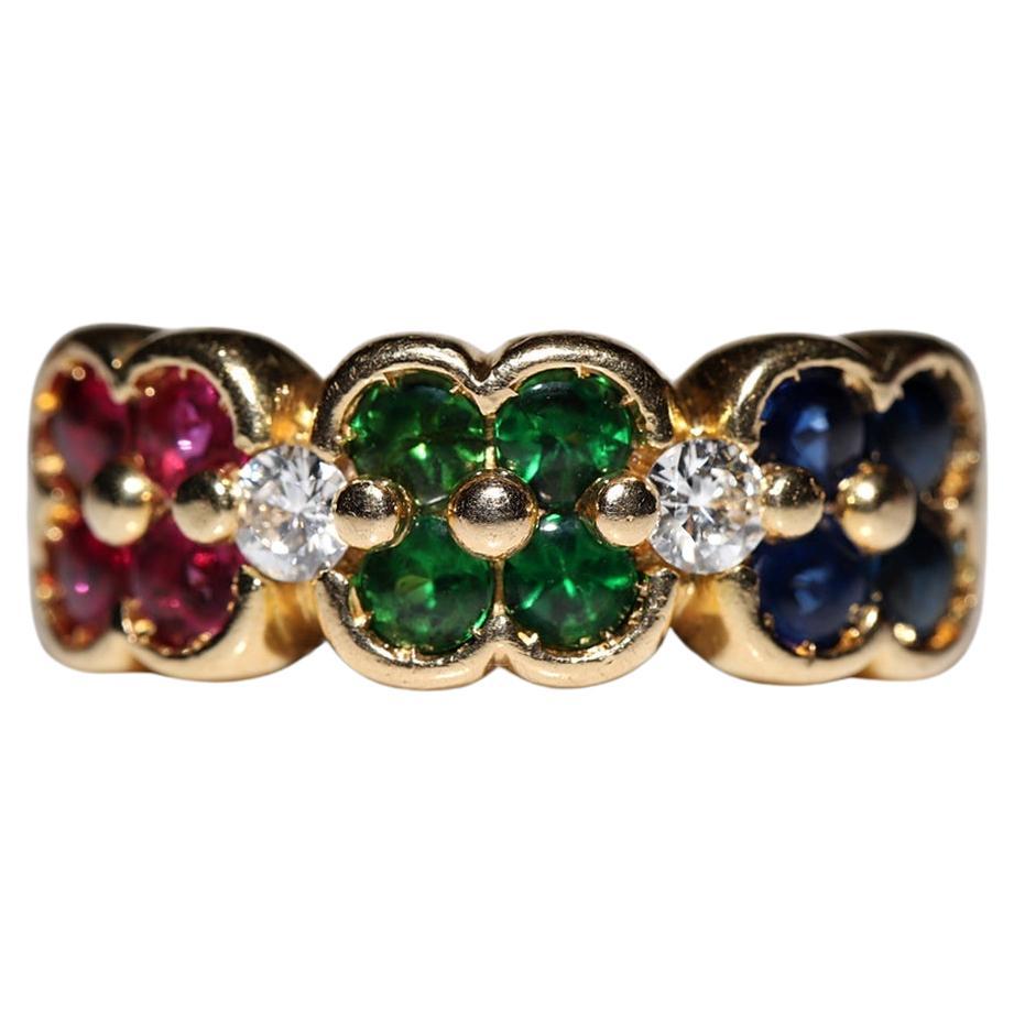 Dekorierter Vintage-Ring aus 18 Karat Gold mit natürlichem Diamanten, Tsavorit und Rubin, Saphir und Rubin