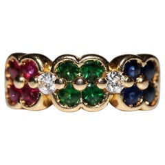 Dekorierter Vintage-Ring aus 18 Karat Gold mit natürlichem Diamanten, Tsavorit und Rubin, Saphir und Rubin