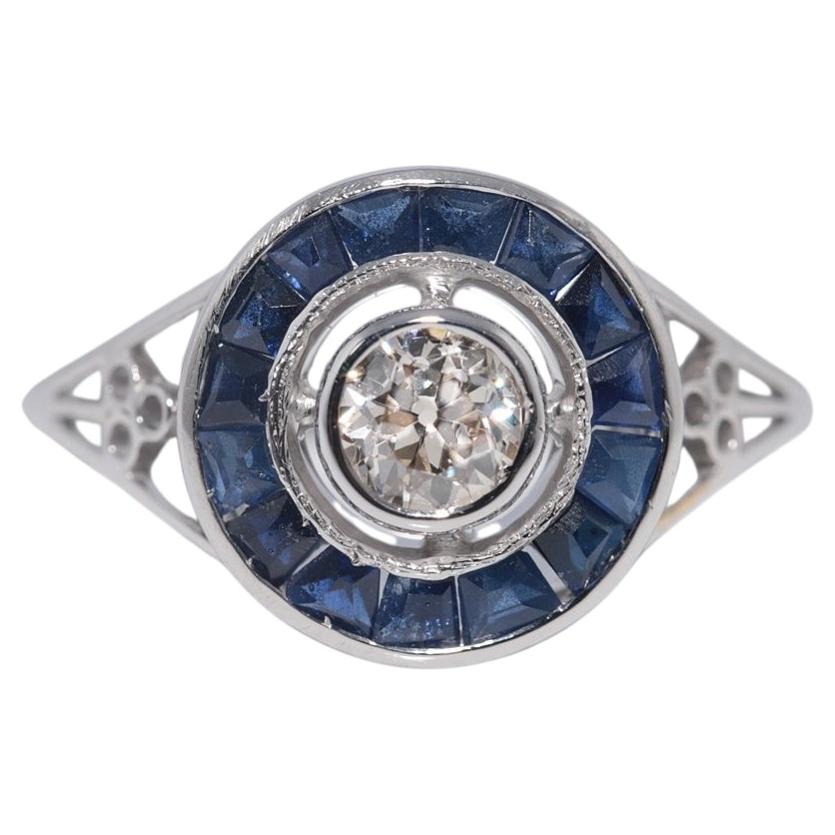 Vintage 18k Gold Natural Diamond Caliber Cut Sapphire Decorated Ring
