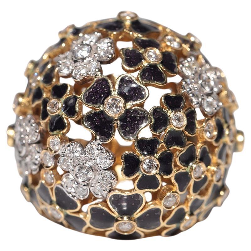 Anello vintage in oro 18k con diamante naturale e fiori decorati con smalto
