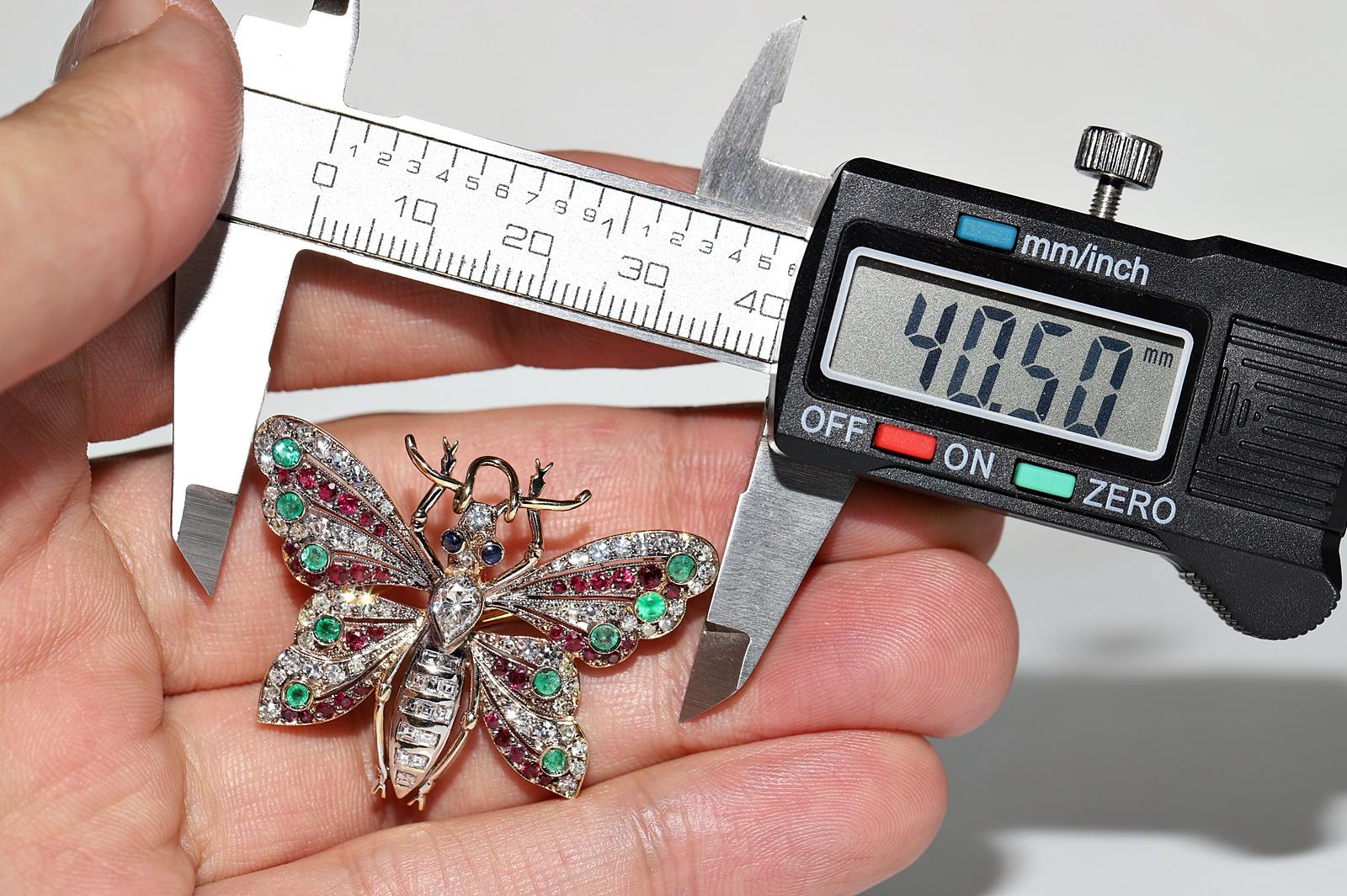 Broche Mariposa Vintage Oro 18k Diamante Natural Zafiro Rubí Esmeralda en venta 4