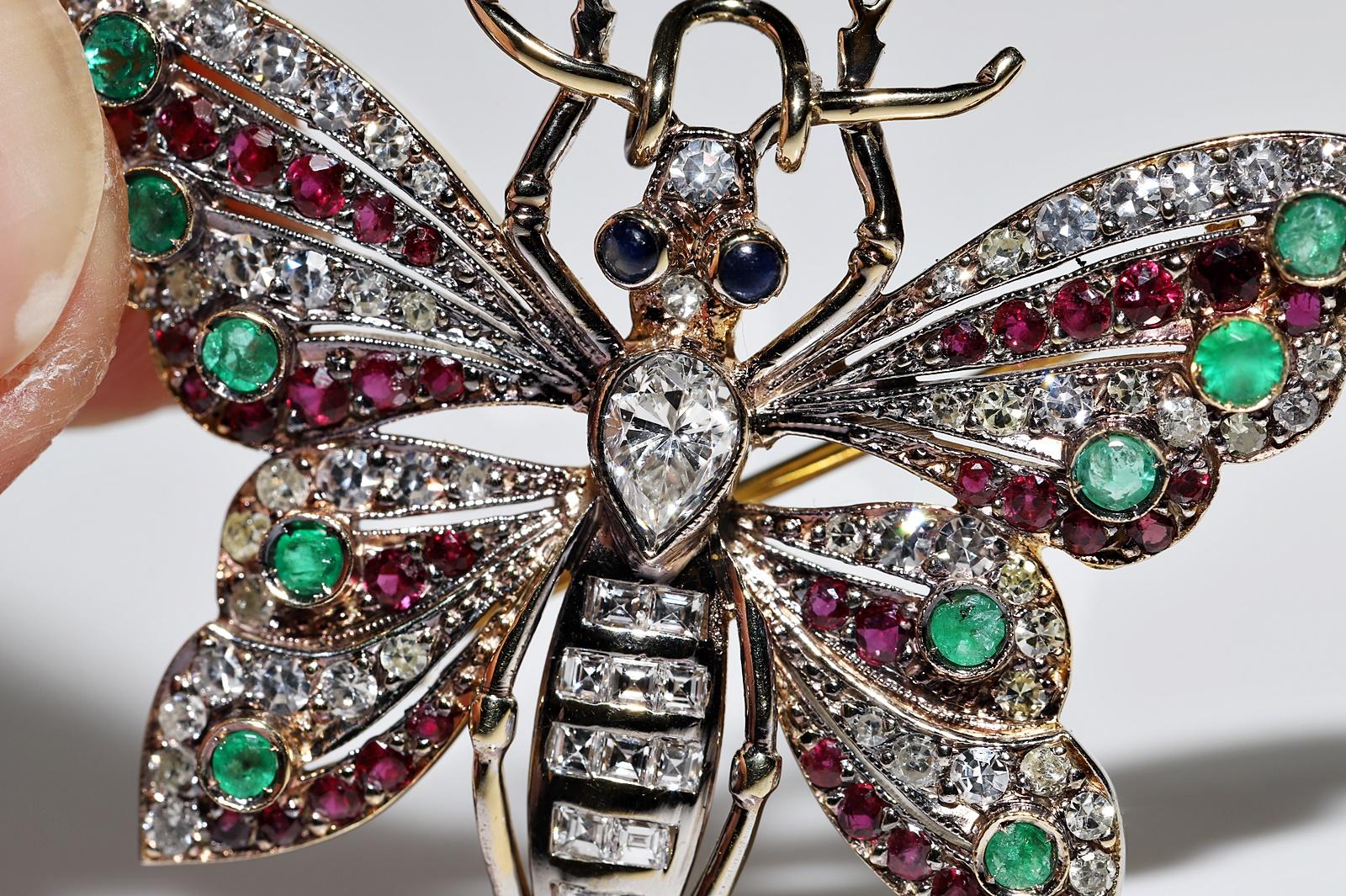 Broche Mariposa Vintage Oro 18k Diamante Natural Zafiro Rubí Esmeralda en venta 6