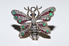 Vintage 18k Gold Natural Diamond Sapphire Ruby Emerald Butterfly Brooch