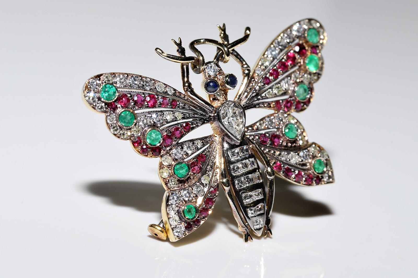 Retro Vintage 18k Gold Natural Diamond Sapphire Ruby Emerald Butterfly Brooch  For Sale