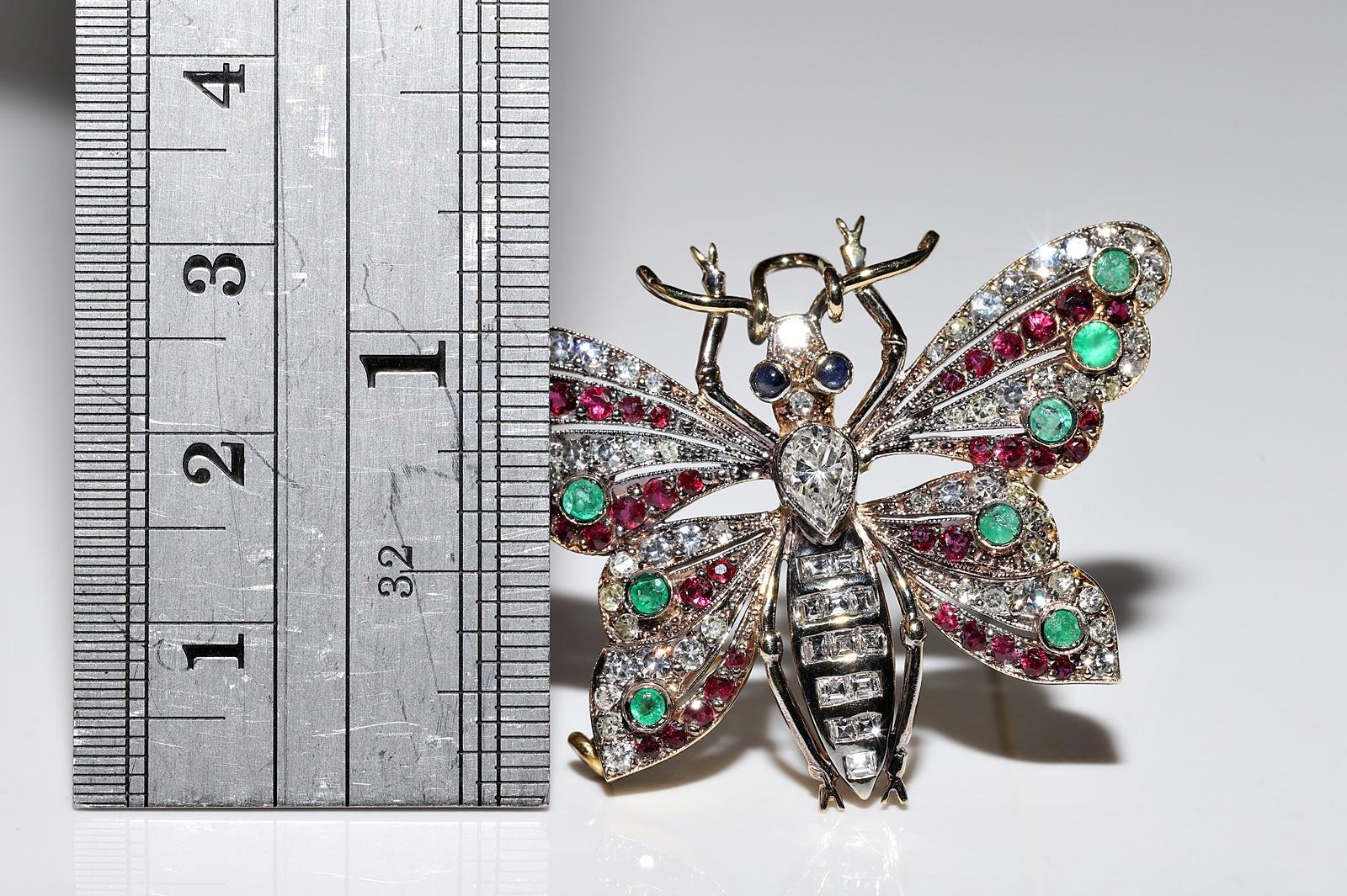 Brilliant Cut Vintage 18k Gold Natural Diamond Sapphire Ruby Emerald Butterfly Brooch  For Sale