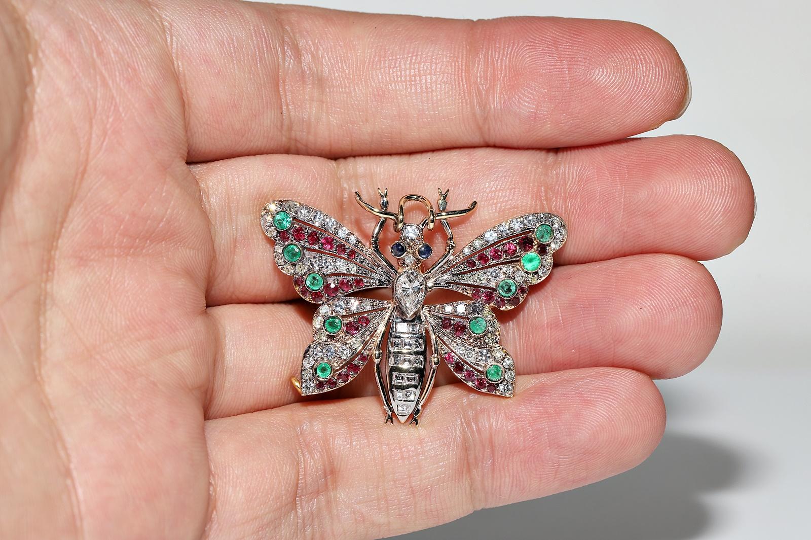 Broche Mariposa Vintage Oro 18k Diamante Natural Zafiro Rubí Esmeralda en Bueno estado para la venta en Fatih/İstanbul, 34