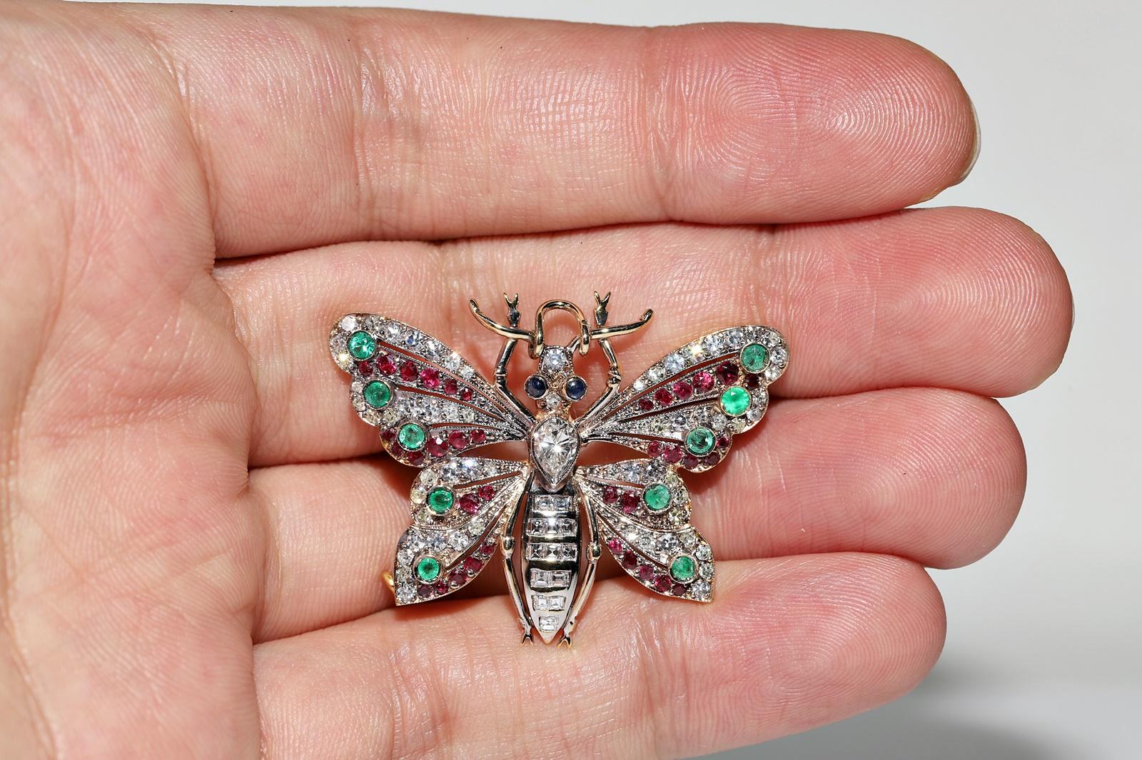 Femenino o masculino Broche Mariposa Vintage Oro 18k Diamante Natural Zafiro Rubí Esmeralda en venta