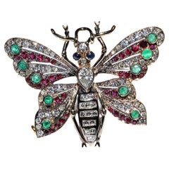 Broche papillon vintage en or 18 carats, diamant naturel, saphir, rubis et émeraude 