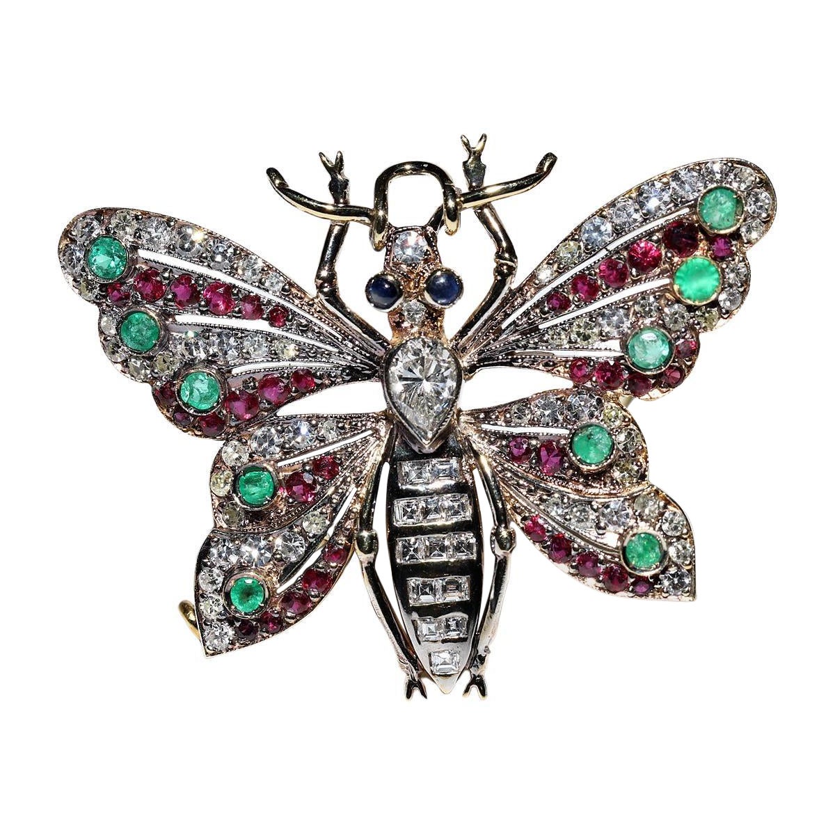 Broche papillon vintage en or 18 carats, diamant naturel, saphir, rubis et émeraude