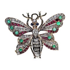 Vintage 18k Gold Natural Diamond Sapphire Ruby Emerald Butterfly Brooch