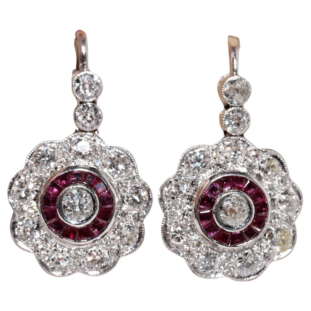 Vintage 18k Gold Natural Old Cut Diamond And Caliber Cut Ruby Earring