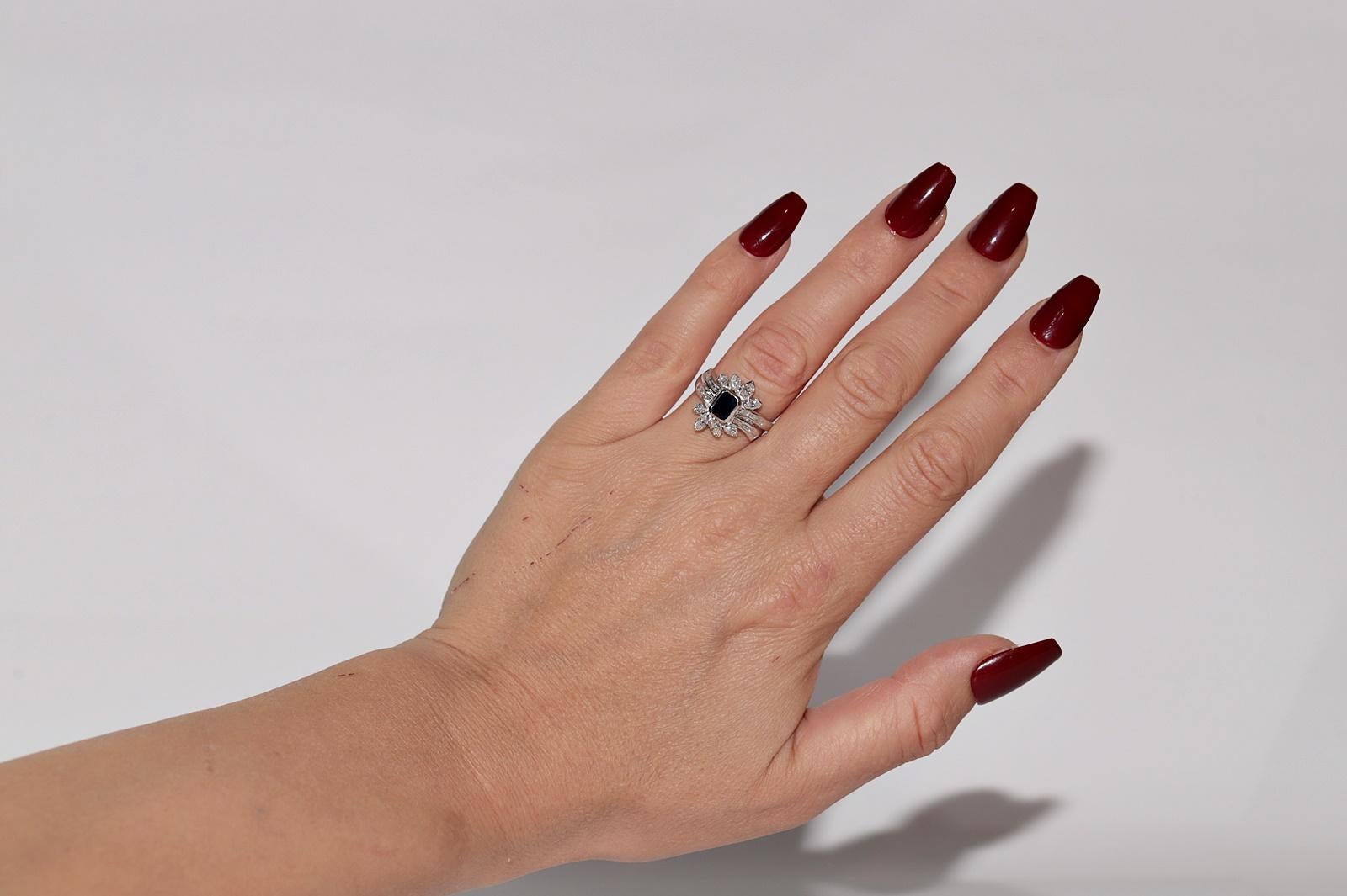 Vintage 18k Gold Natural Pear And Baguette Cut Diamond And Sapphire Ring For Sale 6
