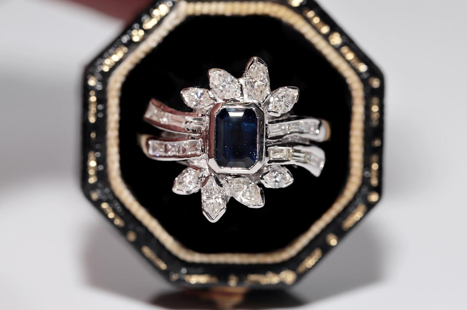 Vintage 18k Gold Natural Pear And Baguette Cut Diamond And Sapphire Ring For Sale 10