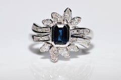 Vintage 18k Gold Natural Pear And Baguette Cut Diamond And Sapphire Ring