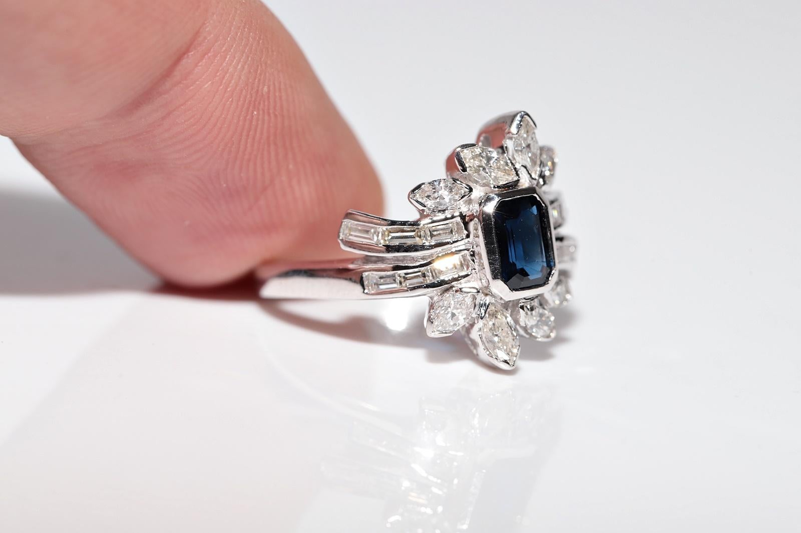 Pear Cut Vintage 18k Gold Natural Pear And Baguette Cut Diamond And Sapphire Ring For Sale